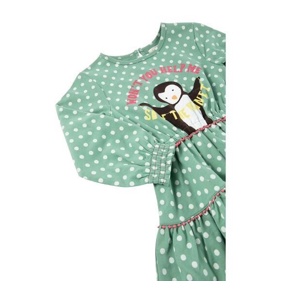 Peek Girl's Green Penguin Polka Dot Cotton Terry Fit & Flare Dress Kids Size 8 - Picture 3 of 3